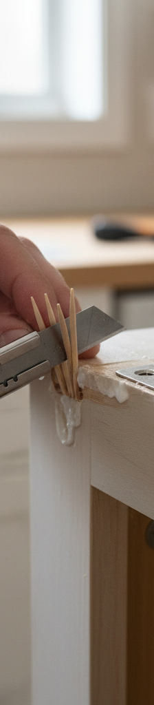 A close-up of a hand trimming wooden toothpicks and wood glue from a stripped screw hole on a kitchen cabinet frame, next to a detached hinge.