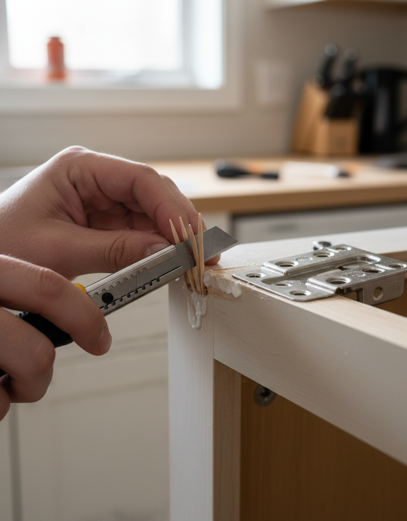 A close-up of a hand trimming wooden toothpicks and wood glue from a stripped screw hole on a kitchen cabinet frame, next to a detached hinge.
