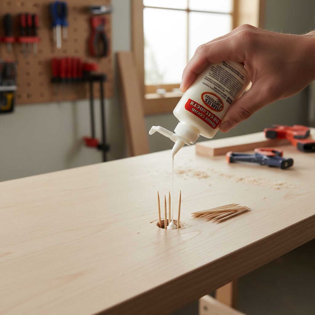Hand applying wood glue and toothpicks to fix a stripped screw hole in a wooden shelf