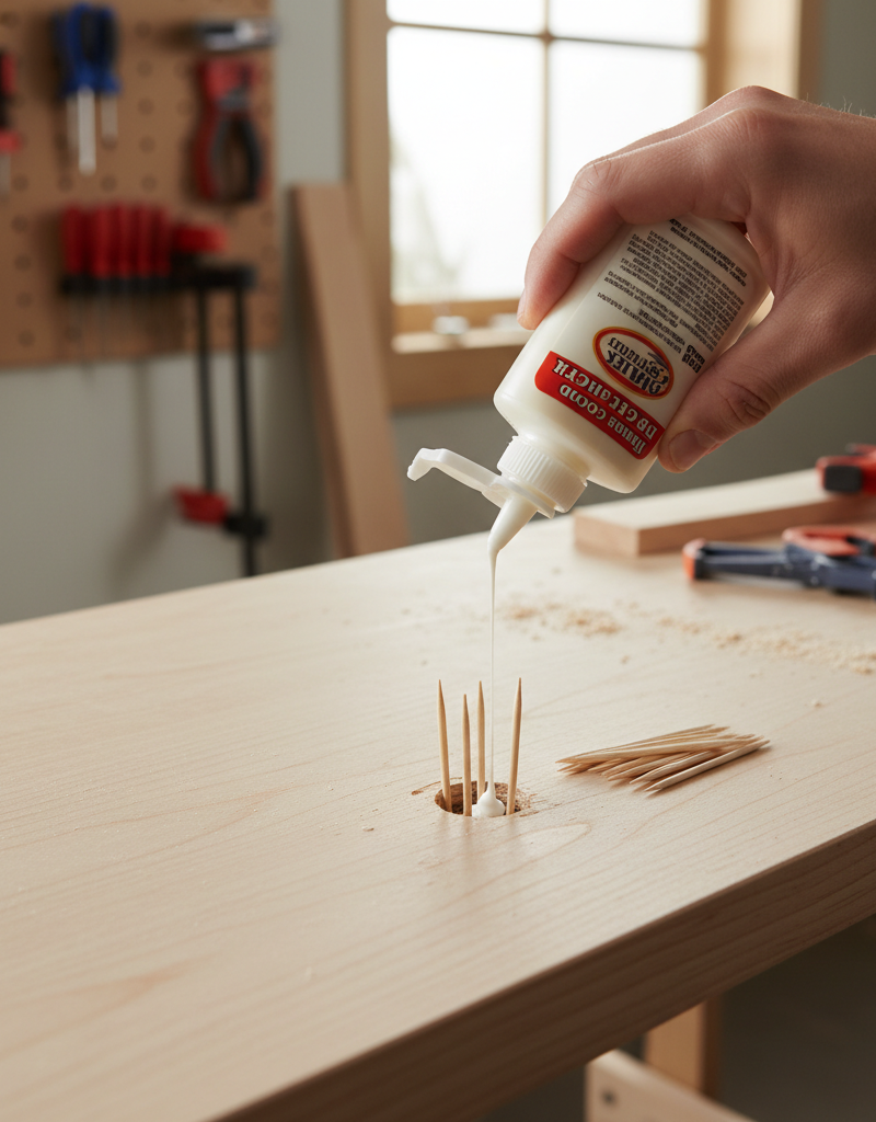 Hand applying wood glue and toothpicks to fix a stripped screw hole in a wooden shelf