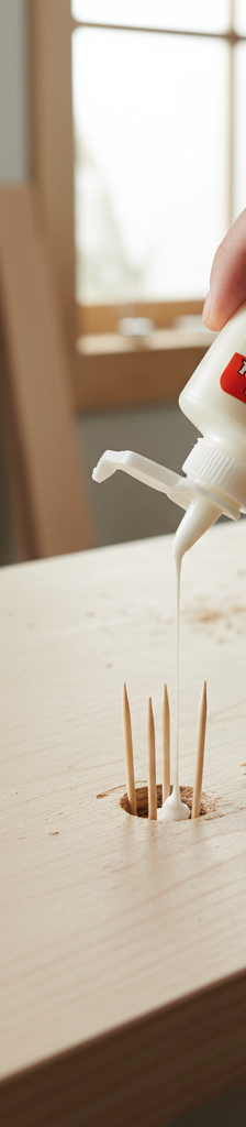 Hand applying wood glue and toothpicks to fix a stripped screw hole in a wooden shelf