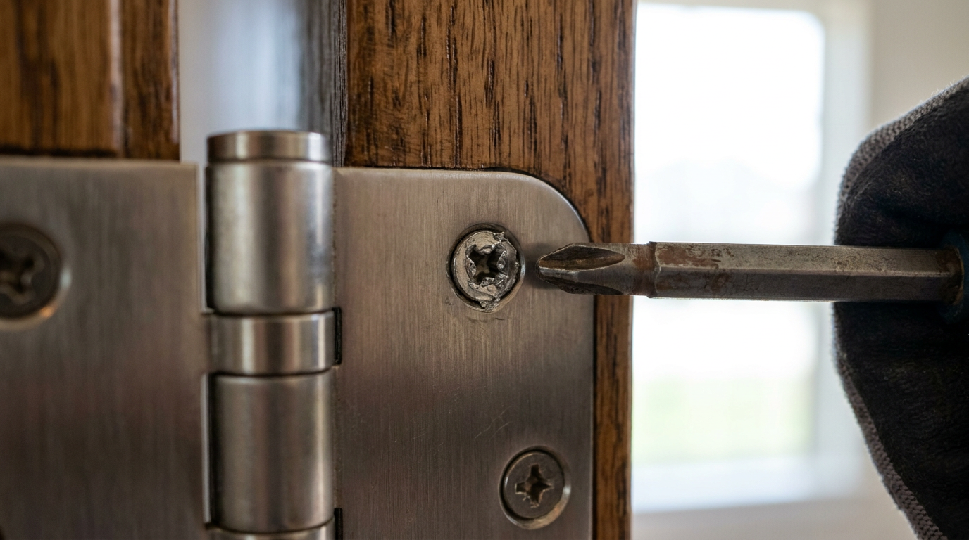 A close-up of a stripped screw in a door hinge, showing the damaged head that the drill can no longer grip.