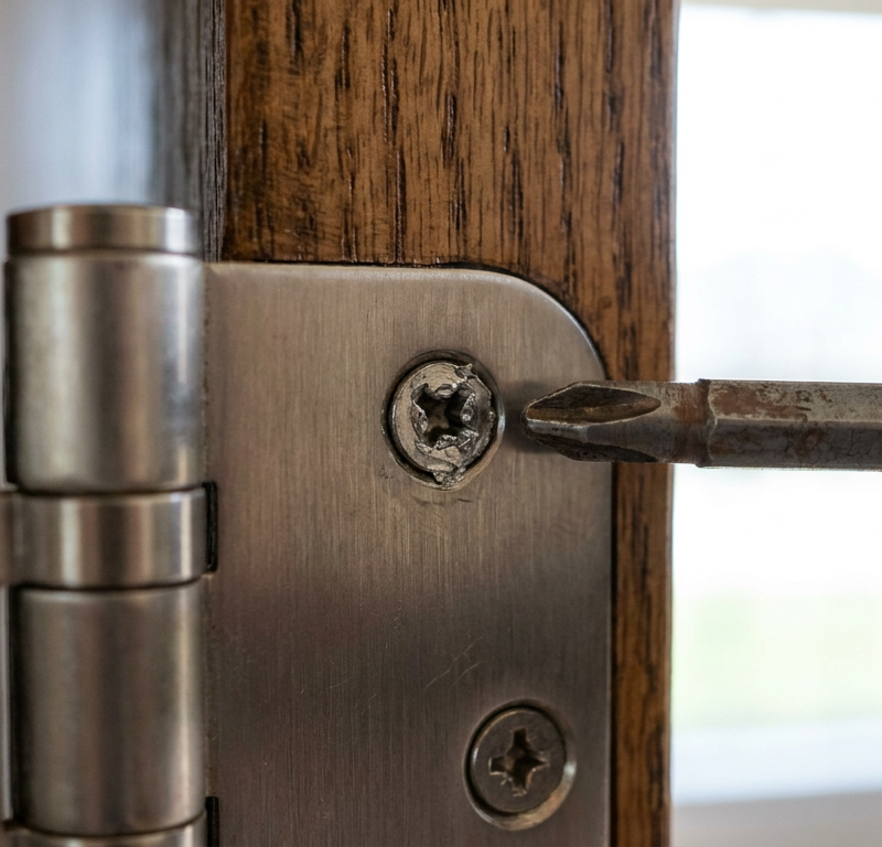 A close-up of a stripped screw in a door hinge, showing the damaged head that the drill can no longer grip.