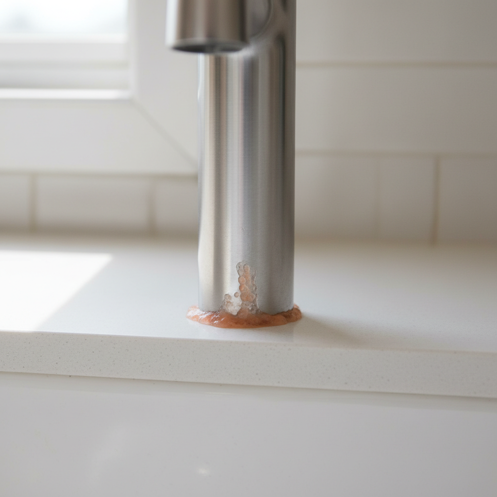 Close-up of pinkish-orange slime buildup around the base of a kitchen faucet on a light countertop.