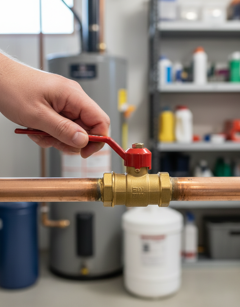 Homeowner's hand turning a red-handled main water shut-off ball valve to the fully open position, parallel to the pipe, in a basement.