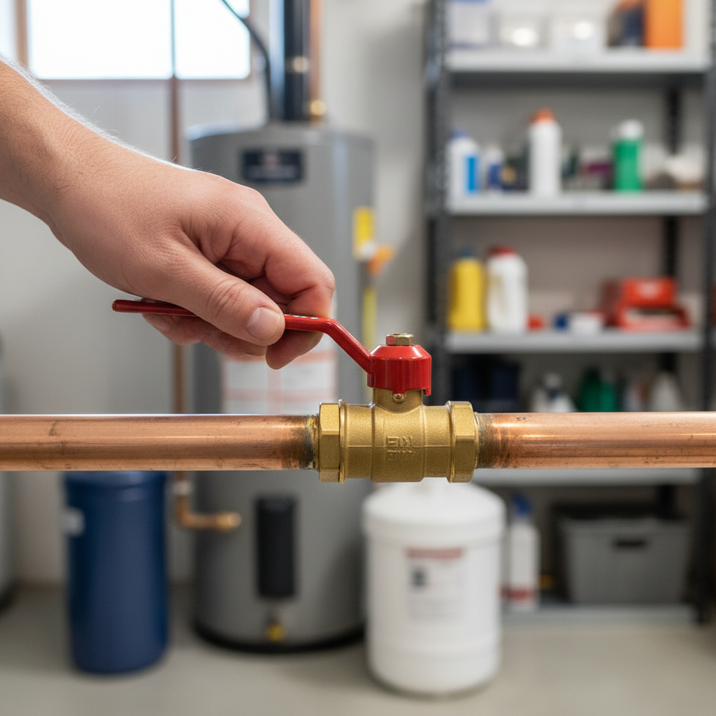 Homeowner's hand turning a red-handled main water shut-off ball valve to the fully open position, parallel to the pipe, in a basement.
