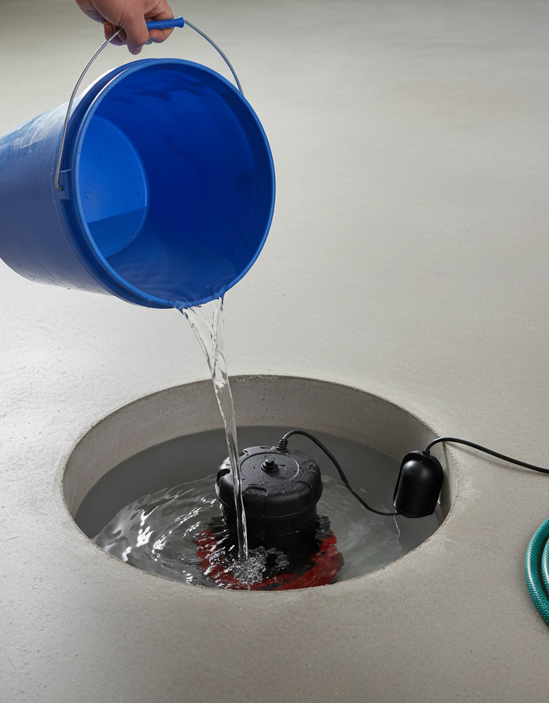 Hand pouring water into a sump pump pit to test the system before heavy rain