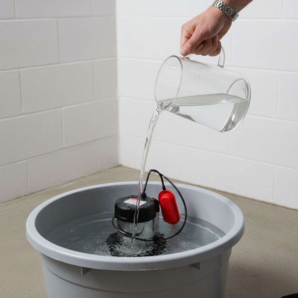 Hand pouring water into a sump pump pit to test its function before rainy season