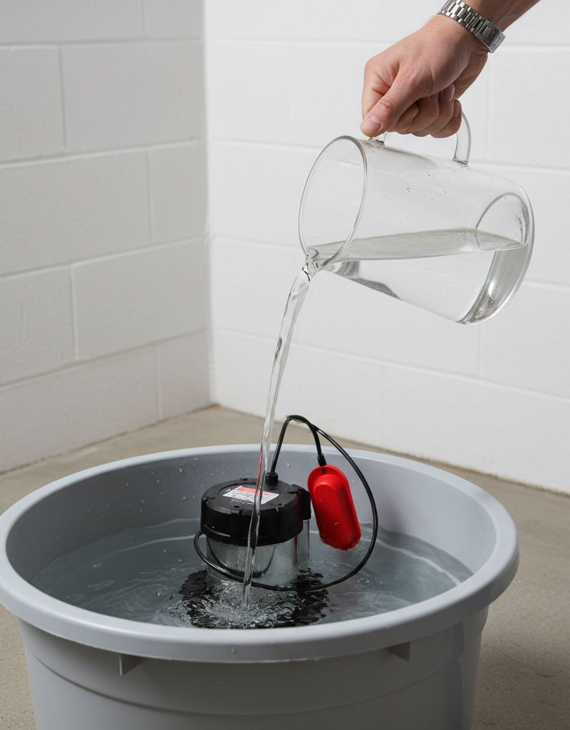 Hand pouring water into a sump pump pit to test its function before rainy season