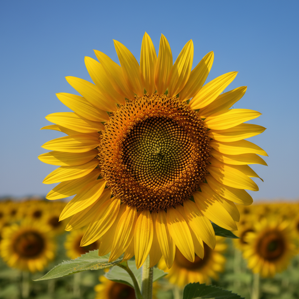 A vibrant, healthy sunflower head in full bloom against a blue sky.