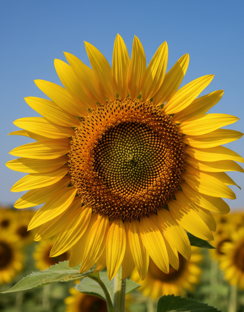 A vibrant, healthy sunflower head in full bloom against a blue sky.