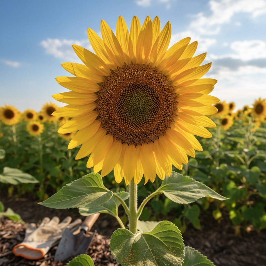 A towering, vibrant yellow sunflower head reaching towards the sun in a well-maintained garden, with green leaves and a blue sky.