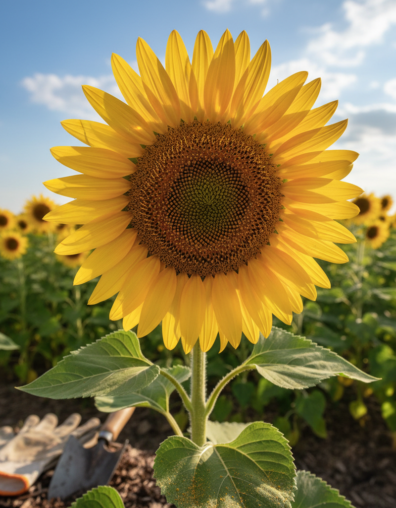 A towering, vibrant yellow sunflower head reaching towards the sun in a well-maintained garden, with green leaves and a blue sky.