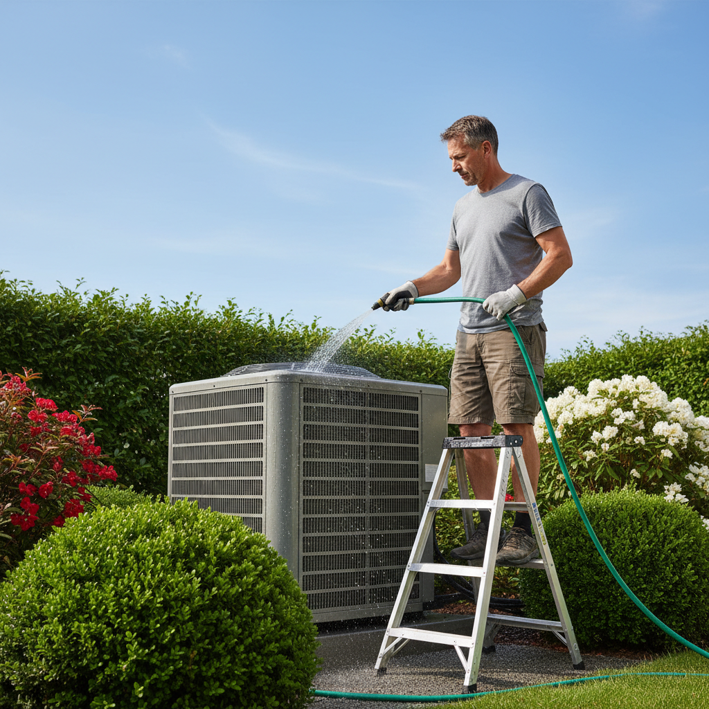 Homeowner cleaning the outdoor AC condenser unit with a garden hose to improve cooling efficiency.