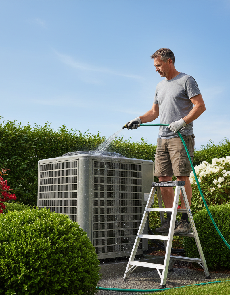 Homeowner cleaning the outdoor AC condenser unit with a garden hose to improve cooling efficiency.