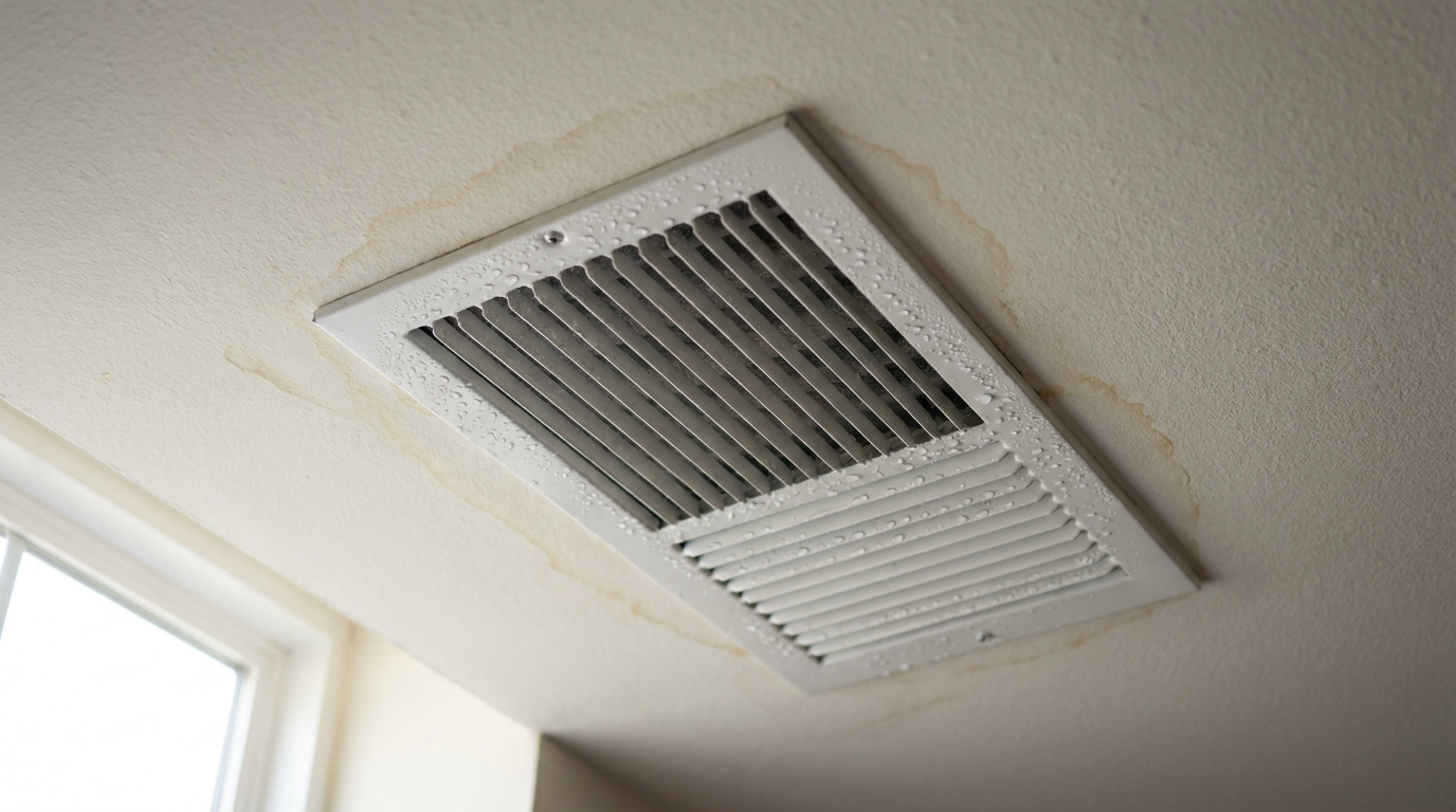 Water droplets and condensation beaded on a white metal ceiling AC supply vent register