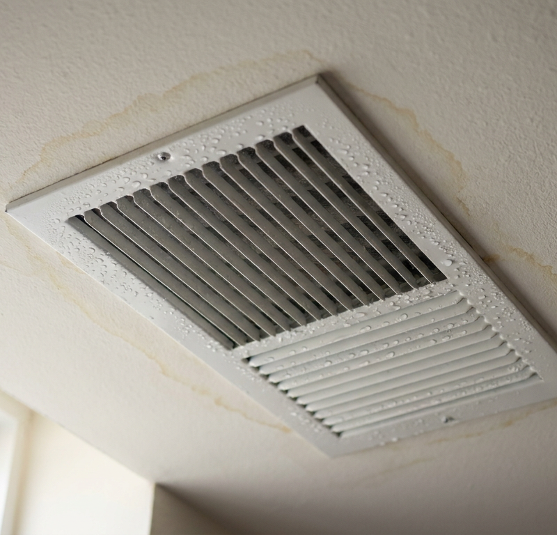 Water droplets and condensation beaded on a white metal ceiling AC supply vent register