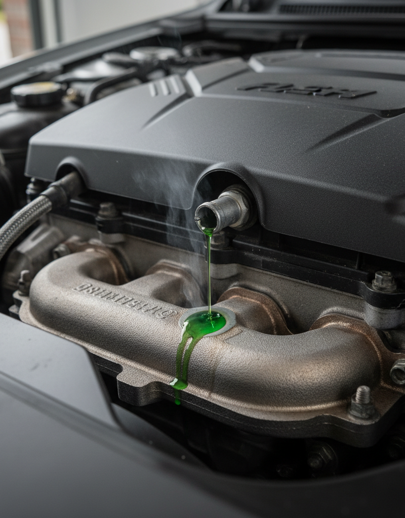Close-up of a car engine with a small puddle of green coolant leaking onto a hot engine part, symbolizing a sweet car smell warning.