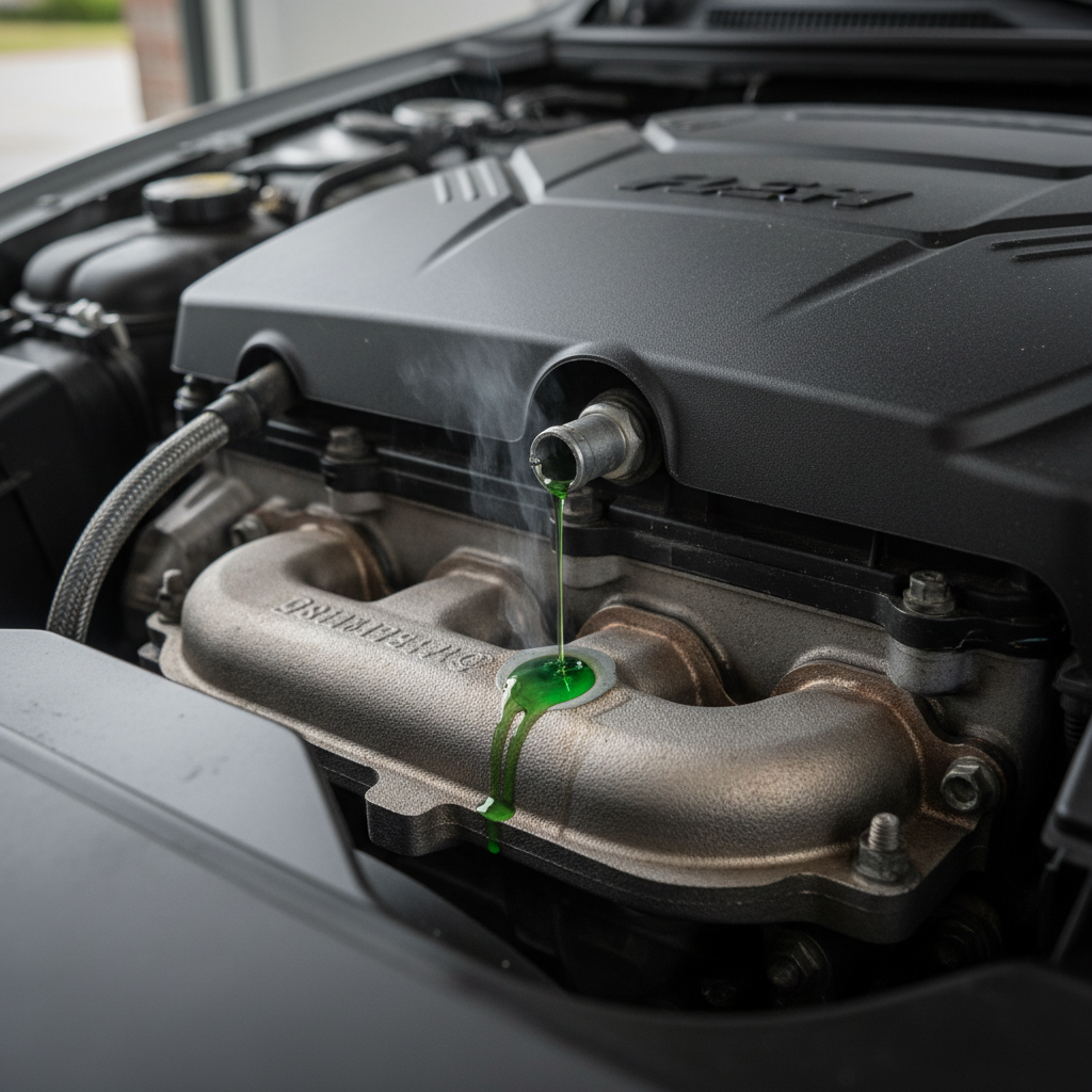 Close-up of a car engine with a small puddle of green coolant leaking onto a hot engine part, symbolizing a sweet car smell warning.