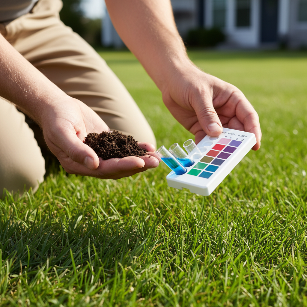 Homeowner testing lawn soil pH with a DIY kit, comparing soil color to a chart.