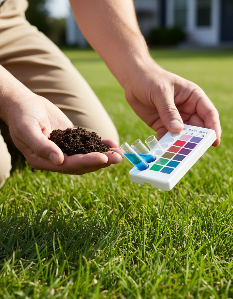 Homeowner testing lawn soil pH with a DIY kit, comparing soil color to a chart.