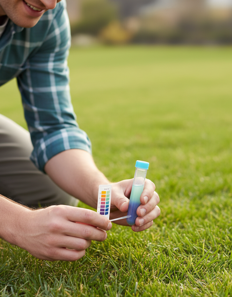 Homeowner testing lawn soil pH with a simple kit for a healthier lawn