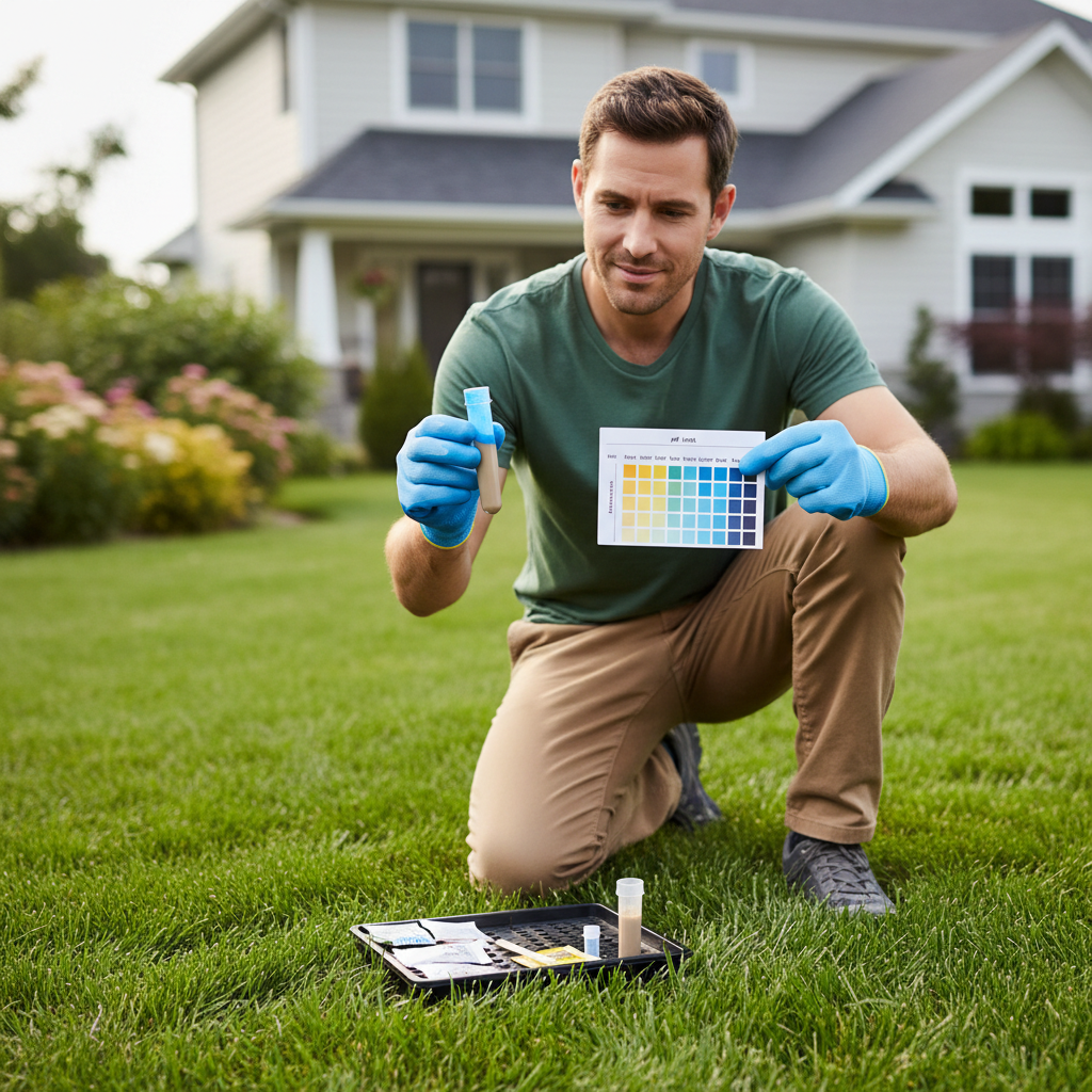 Homeowner testing lawn soil pH with a kit and comparing colors to a chart.