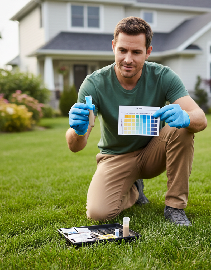 Homeowner testing lawn soil pH with a kit and comparing colors to a chart.
