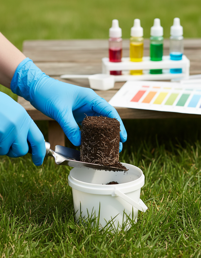 Homeowner collecting soil sample from lawn for pH testing with a kit on a table.