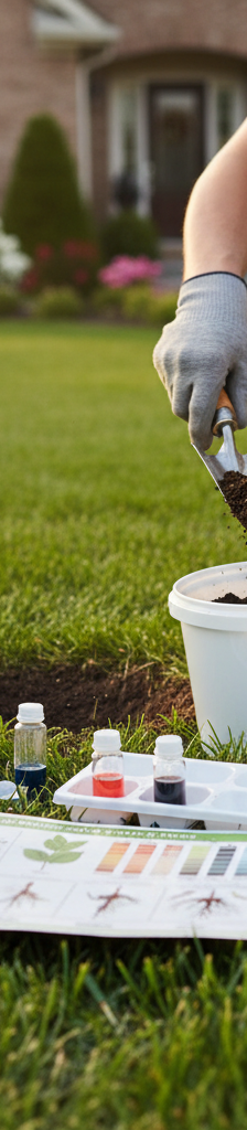 Homeowner collecting soil sample for pH test kit on a green lawn