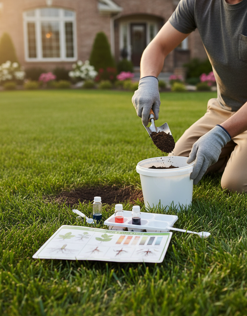 Homeowner collecting soil sample for pH test kit on a green lawn