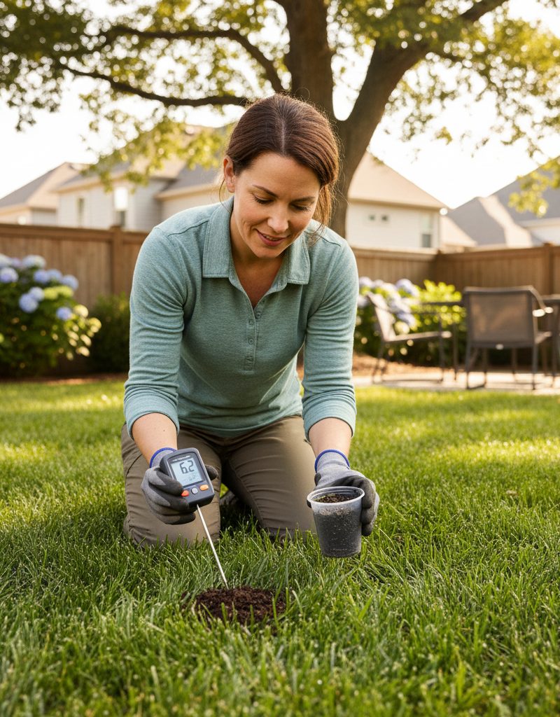 Homeowner testing lawn soil pH with a digital meter for a healthy green lawn
