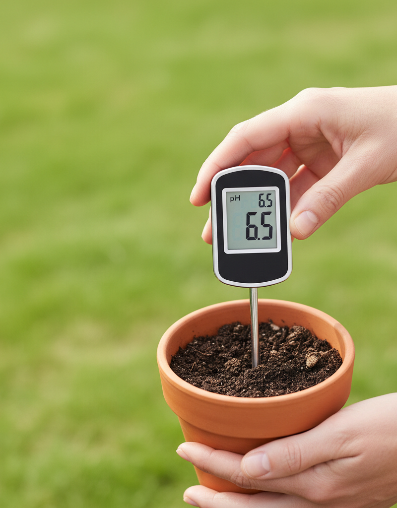 Homeowner testing lawn soil pH with a digital meter for accurate readings