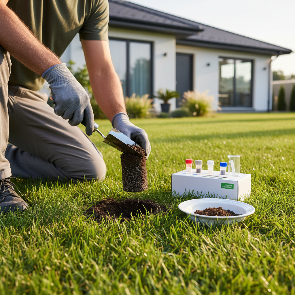 Homeowner testing lawn soil pH with a kit and trowel