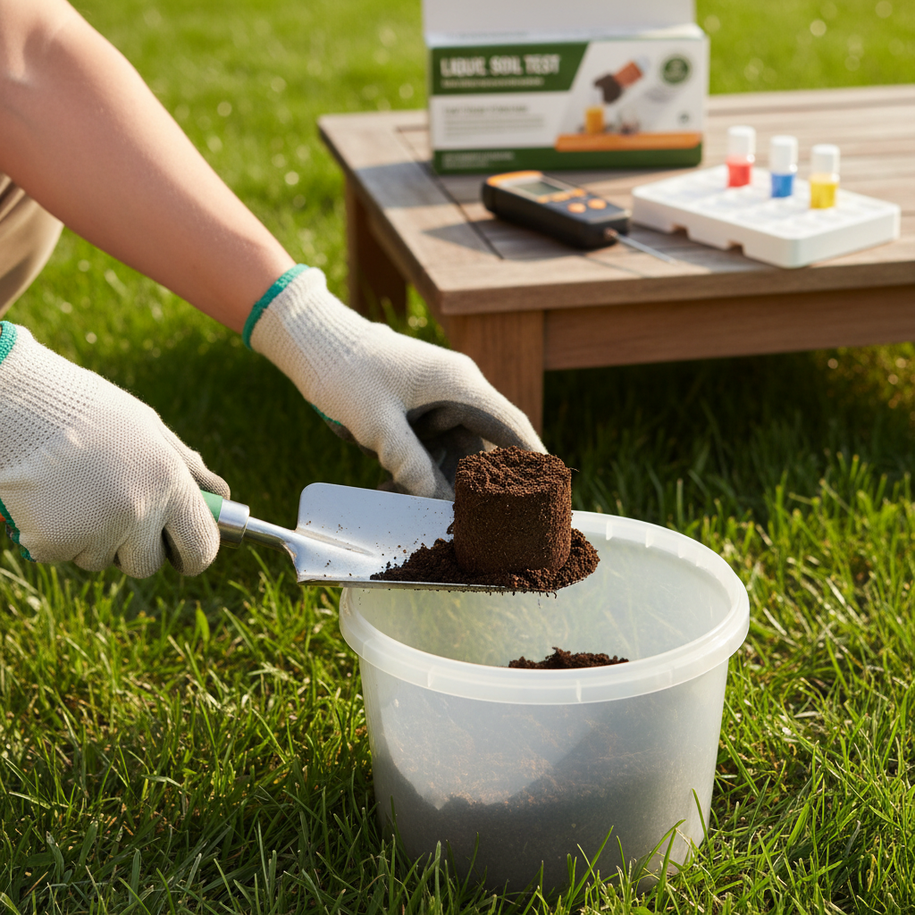 Homeowner collecting soil sample from a green lawn to test its pH, with a digital meter nearby.