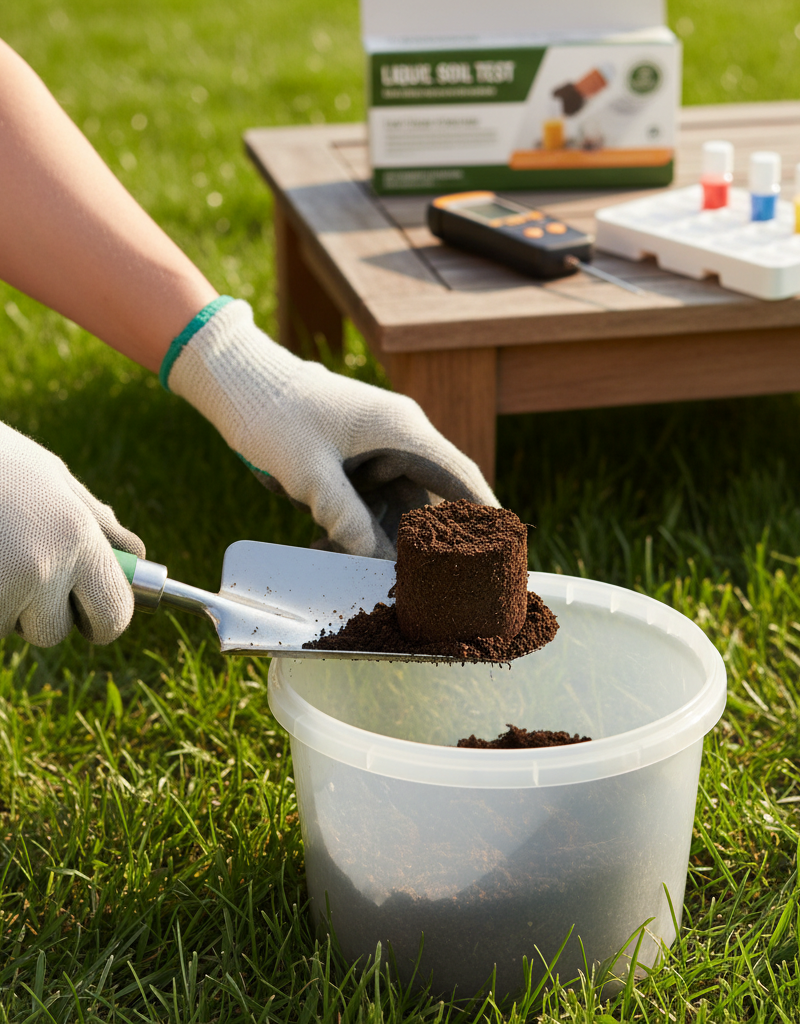 Homeowner collecting soil sample from a green lawn to test its pH, with a digital meter nearby.