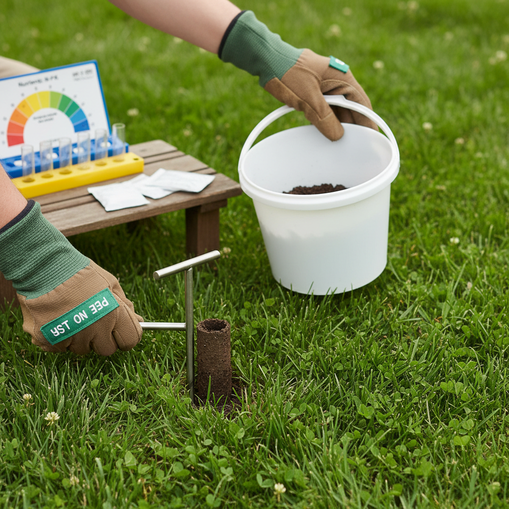 Homeowner collecting a soil sample from lawn with a probe for pH testing