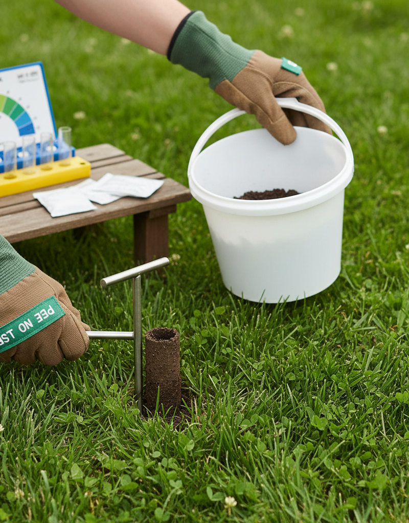 Homeowner collecting a soil sample from lawn with a probe for pH testing