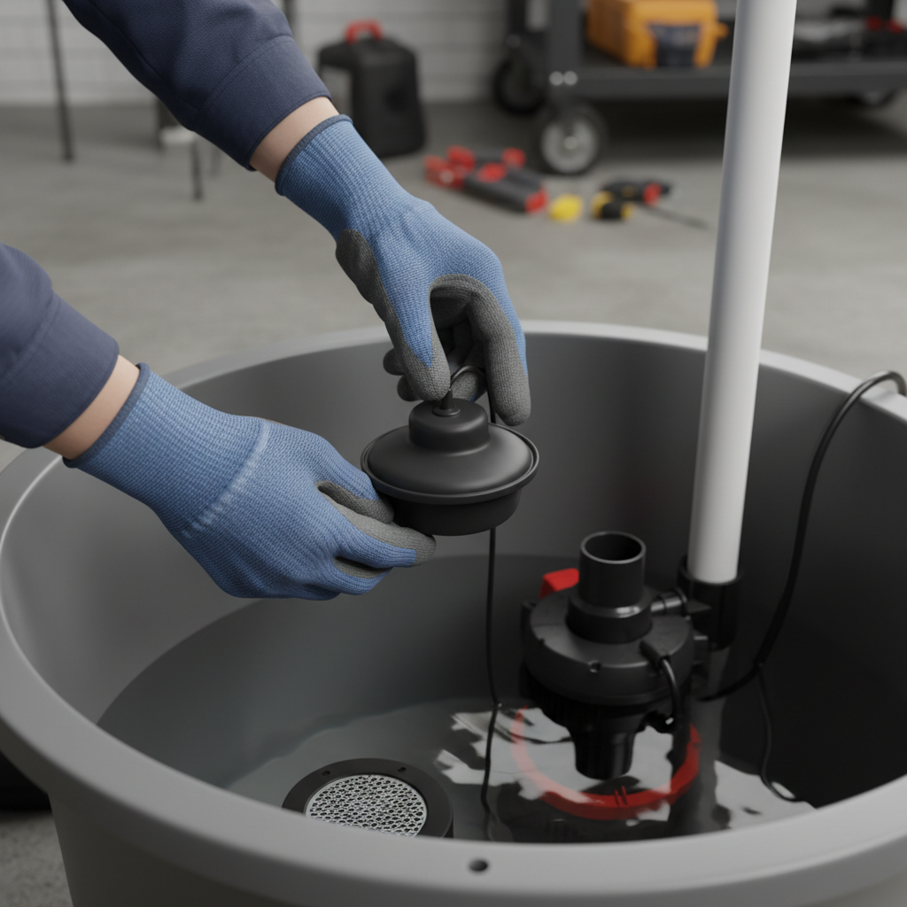 Person testing sump pump float switch in a basement sump pit.