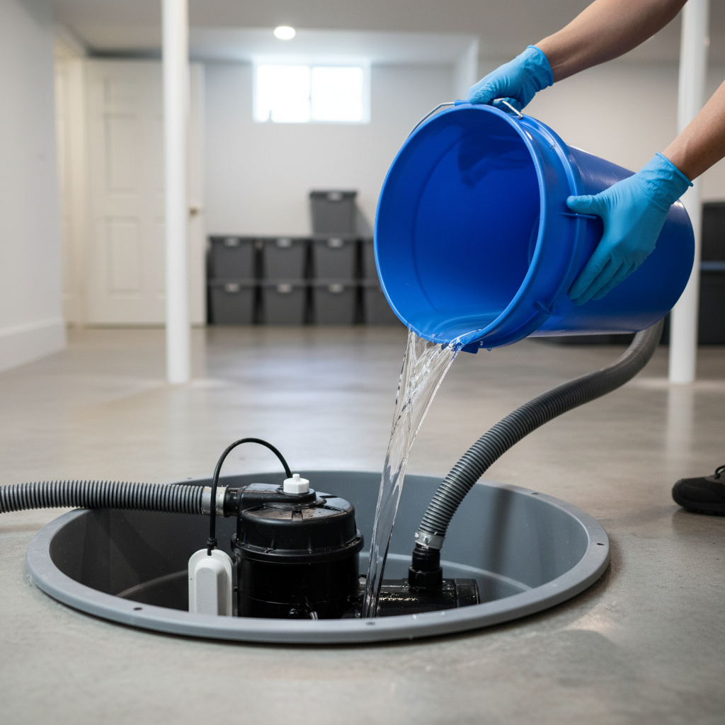 Homeowner pouring water into a sump pit to test a sump pump before rainy season.