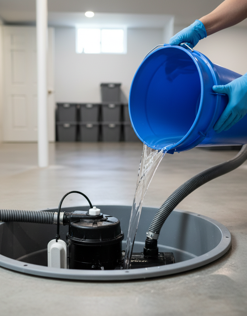Homeowner pouring water into a sump pit to test a sump pump before rainy season.