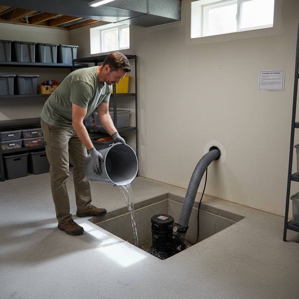 Homeowner pouring water into a sump pit to test a sump pump before heavy rains.