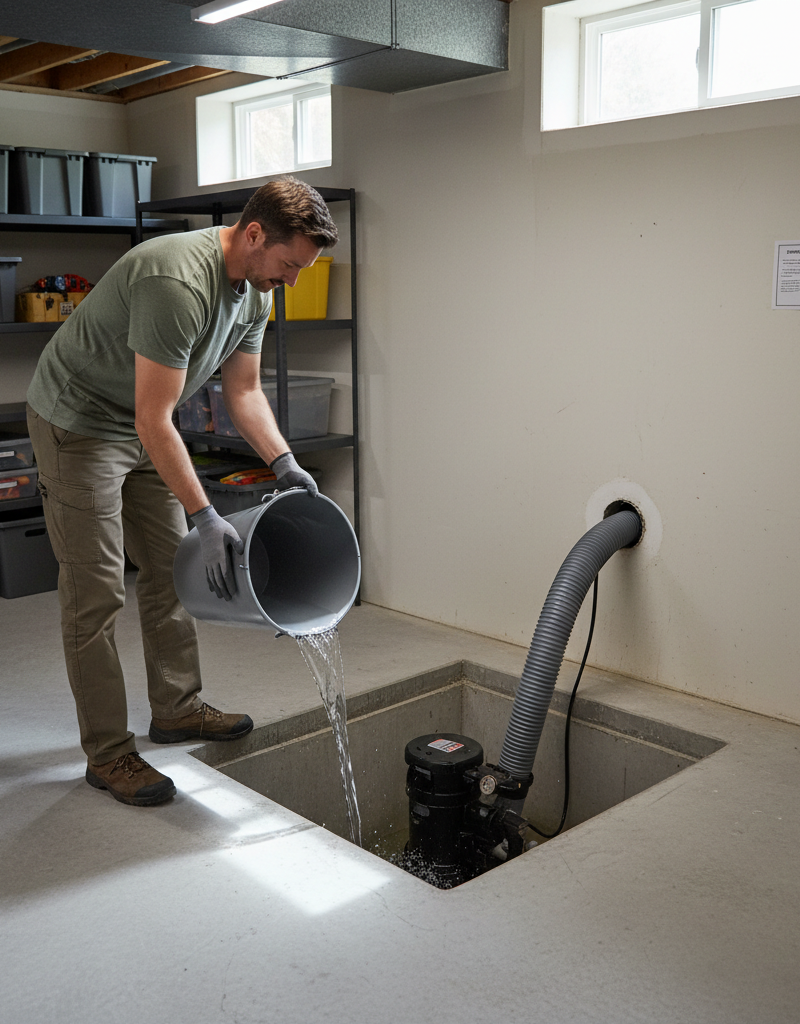 Homeowner pouring water into a sump pit to test a sump pump before heavy rains.