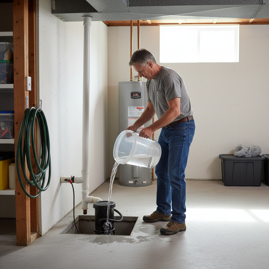 Homeowner pouring water into a sump pump pit for a pre-season test.