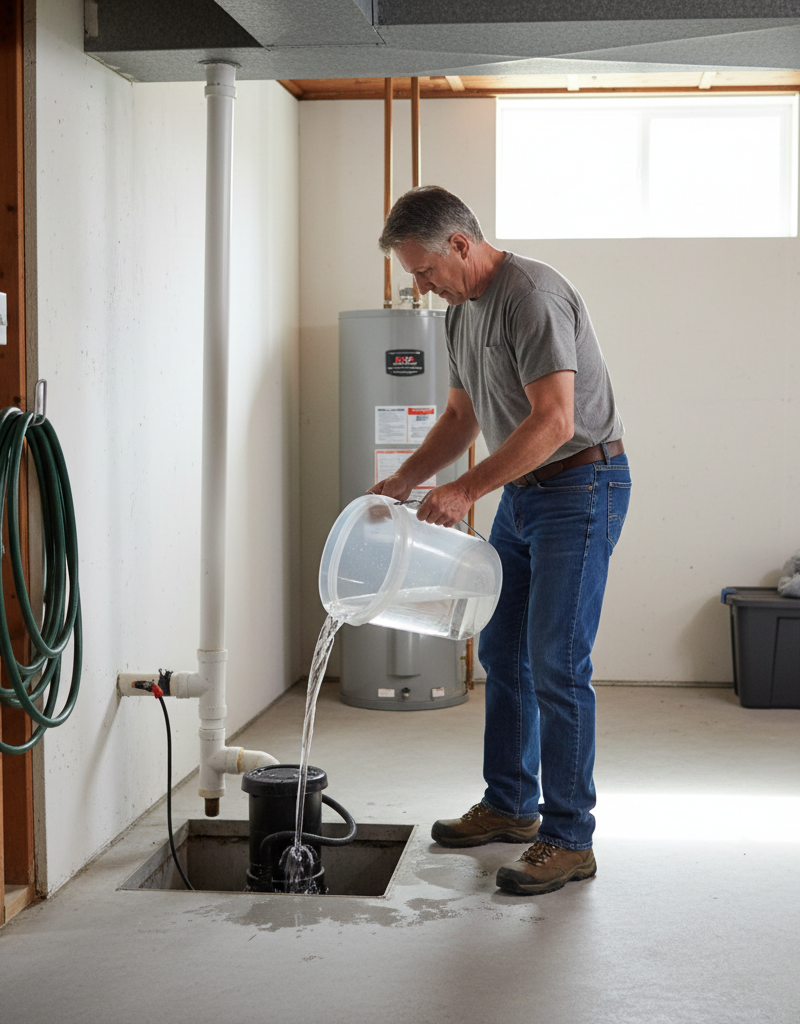 Homeowner pouring water into a sump pump pit for a pre-season test.