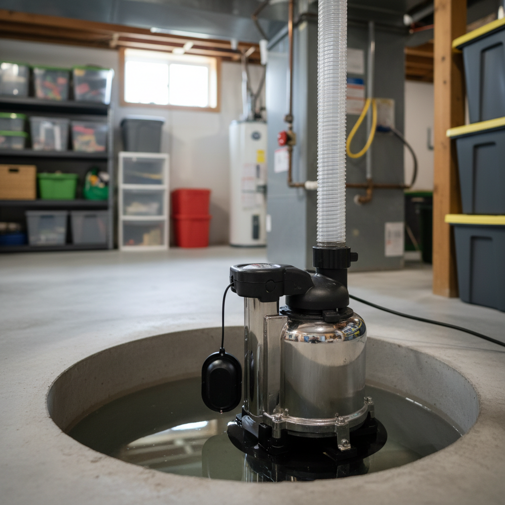 Sump pump motor and discharge pipe visible inside a clean basement sump pit, with a float switch resting on the water.