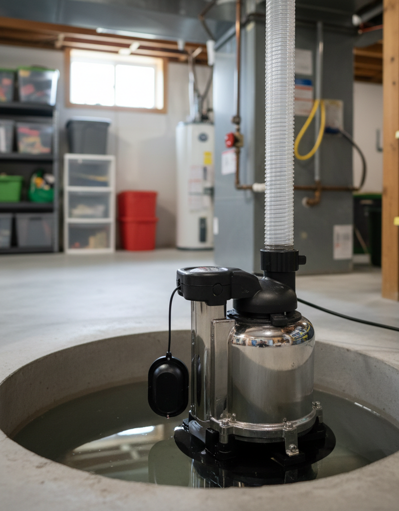 Sump pump motor and discharge pipe visible inside a clean basement sump pit, with a float switch resting on the water.