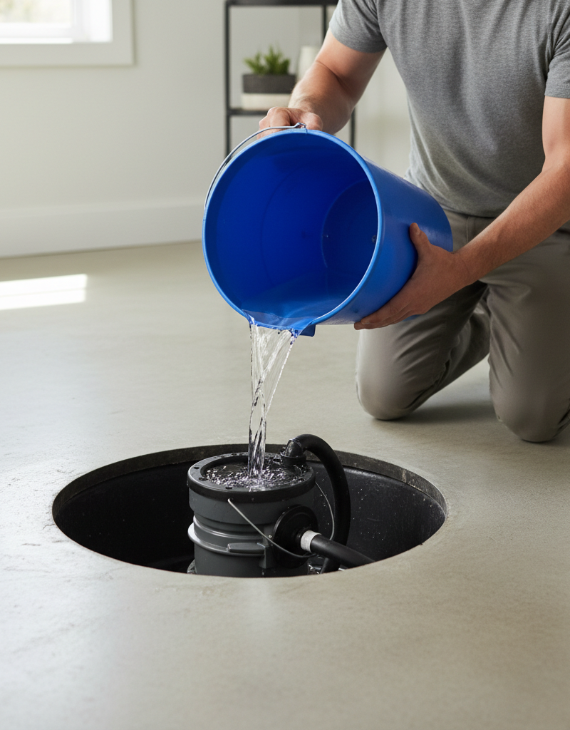 Homeowner pouring water into a sump pump pit to test the pump's functionality