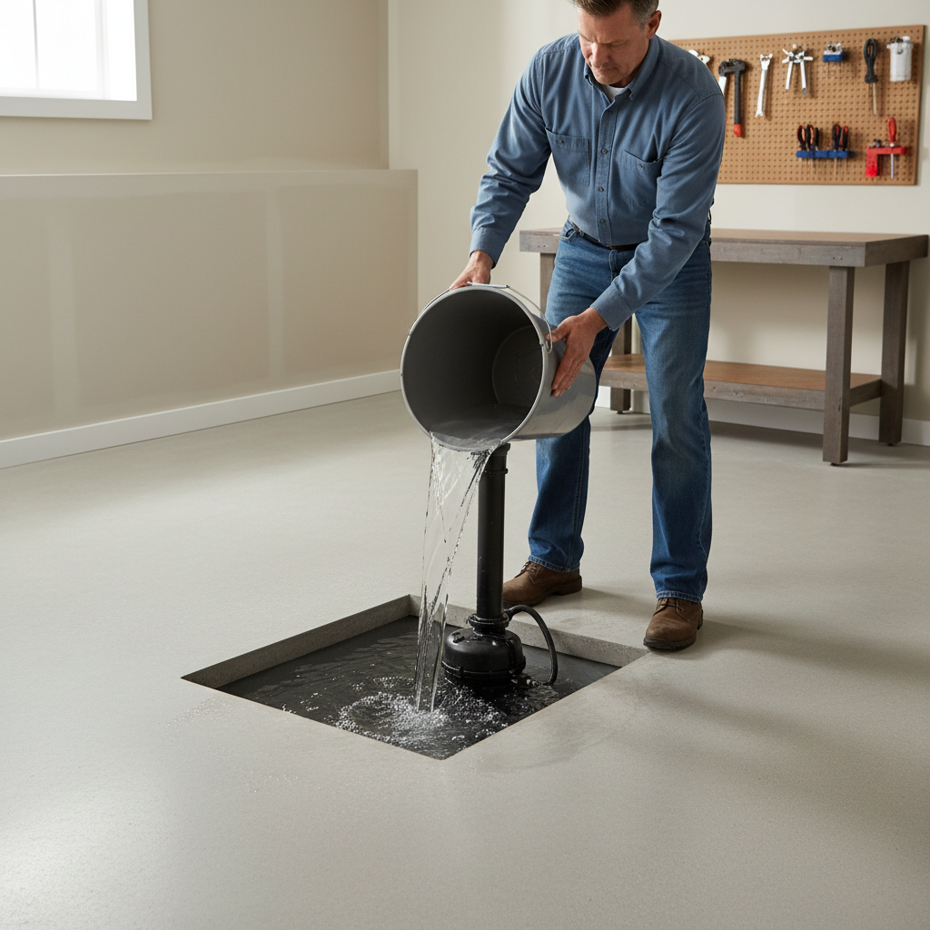 Homeowner pouring water into a sump pump pit to test it before rainy season