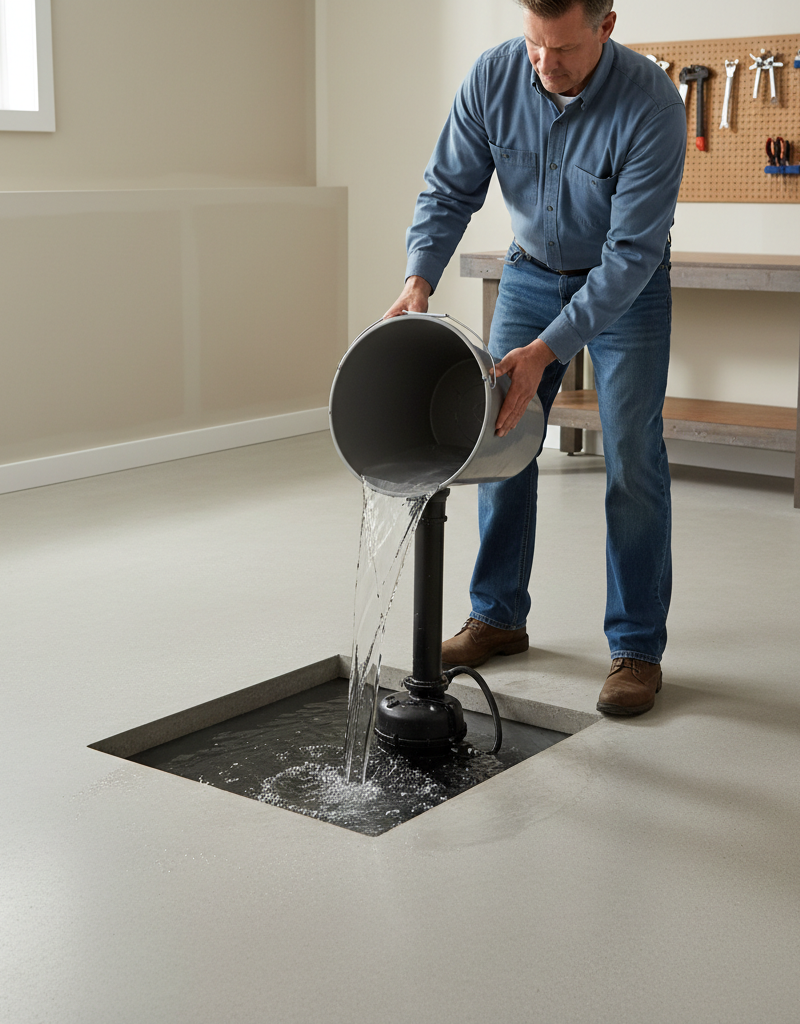 Homeowner pouring water into a sump pump pit to test it before rainy season